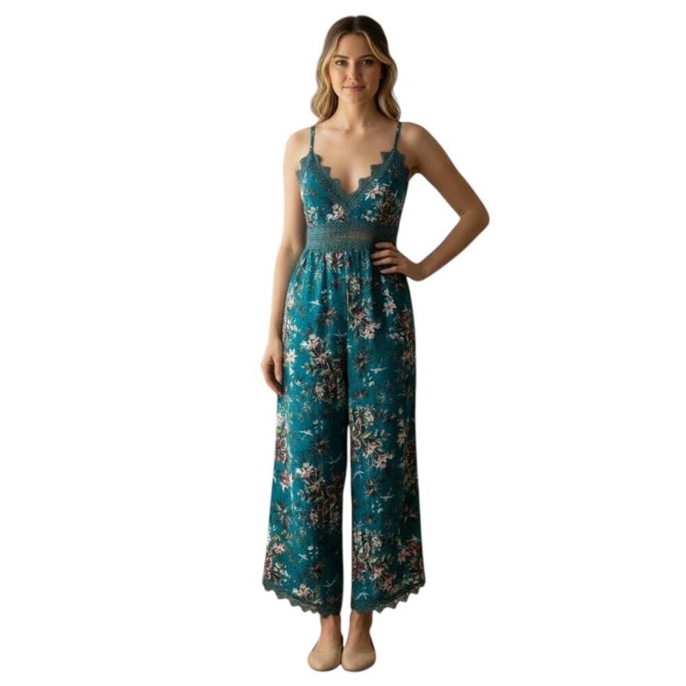 Women's Teal Floral Lace Trim Wide Leg Jumpsuit Spaghetti Strap V-Neck, S